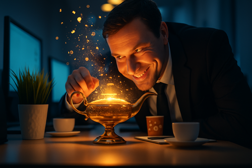 A close-up of a smirking tech entrepreneur, crouched beside a polished oil lamp on a modern office desk.