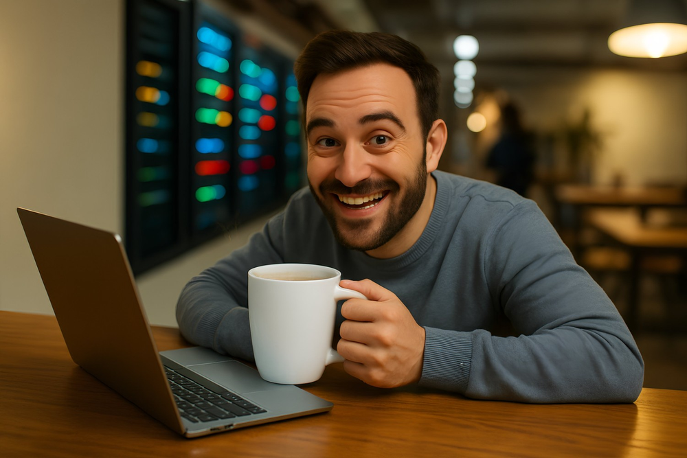 A close-up of a CTO’s face with an unnaturally satisfied smile