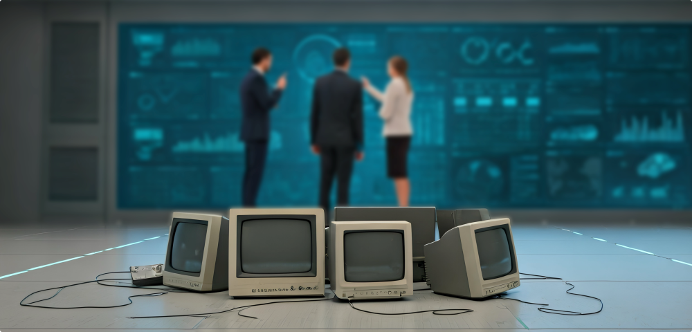 Business people unplugged all displays and can overview any tool on one single display