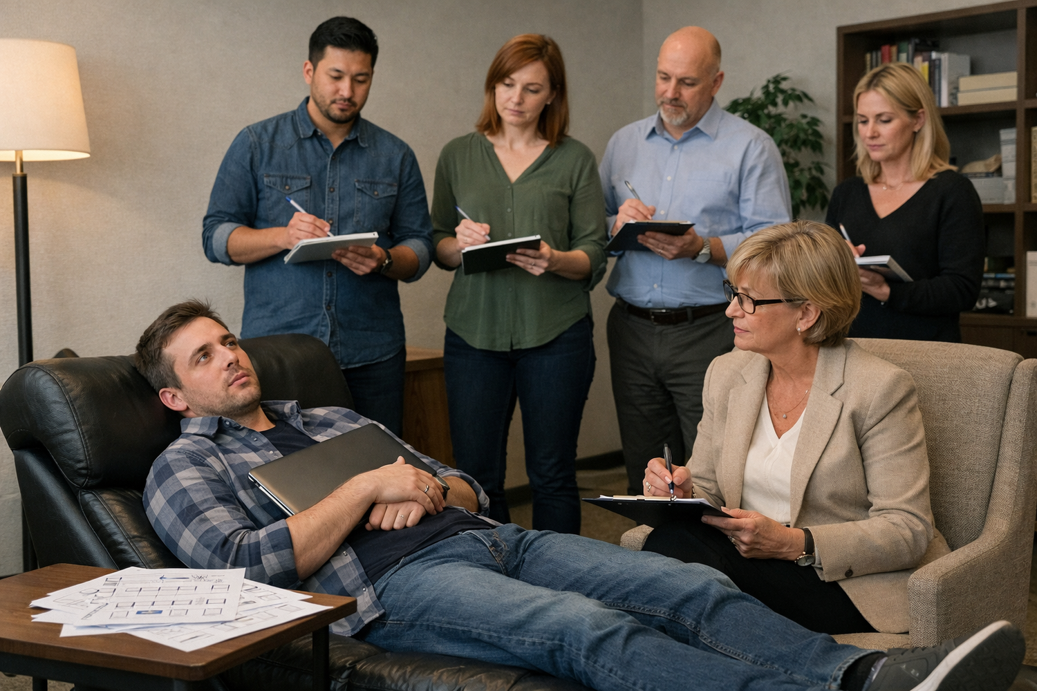 A weary software developer lies on a classic psychiatrist’s therapy sofa in a contemporary office-clinic setting.