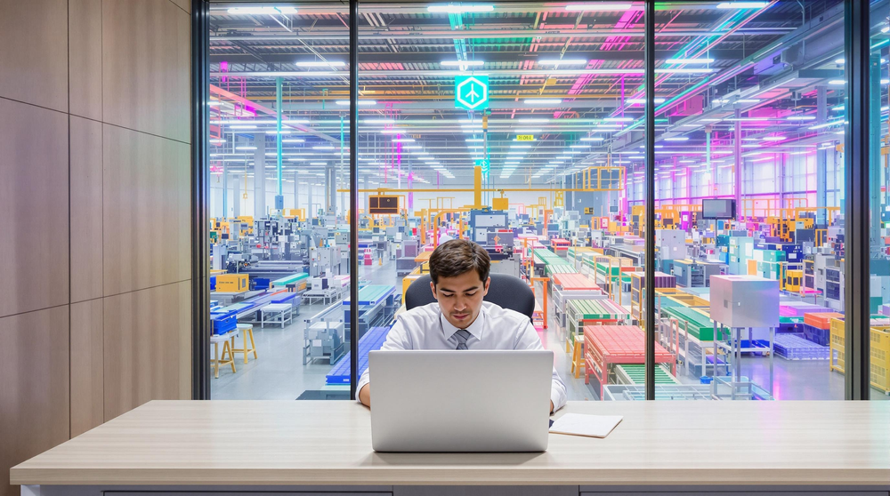 Production manager seated at a desk with a laptop open