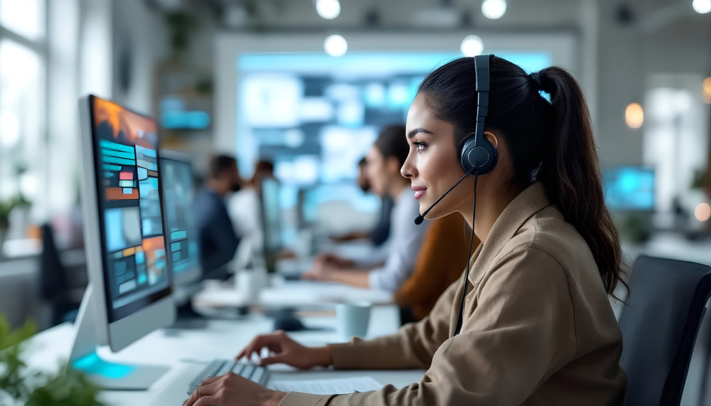 lose-up of a support professional wearing a headset, seated at a workstation