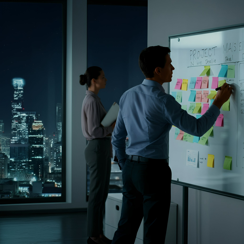Two people working late project managing moving postit notes into place on a white board