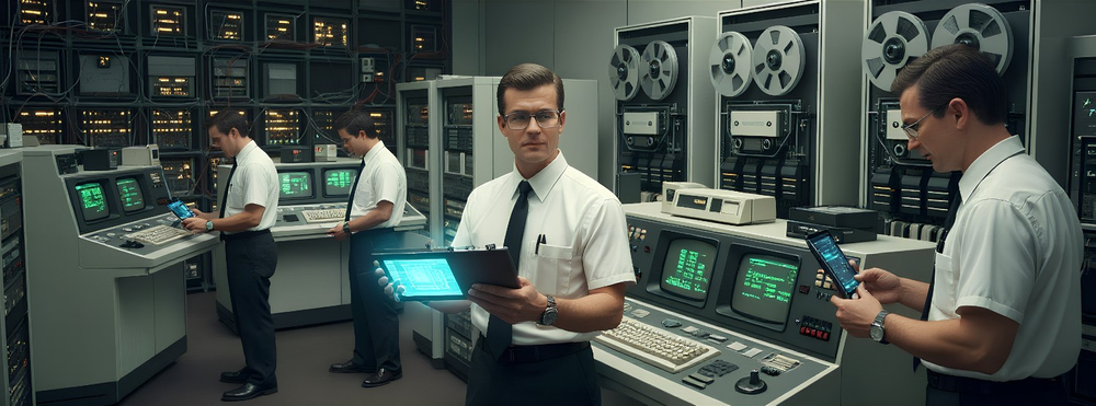 A stylized office or data center set in the late 1960s to early 1980s