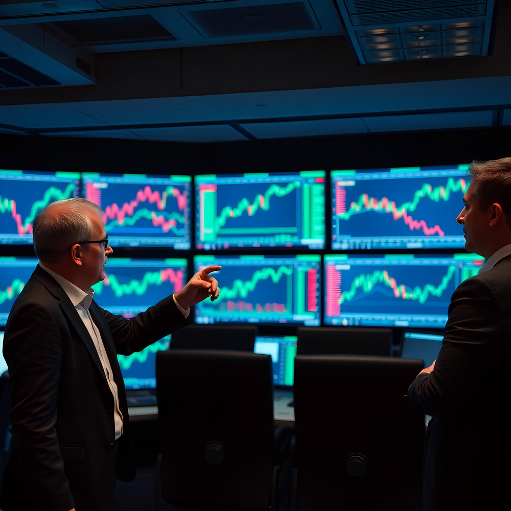 A trader at a global clearinghouse calmly monitors live market activity on a panoramic screen setup during peak trading hours