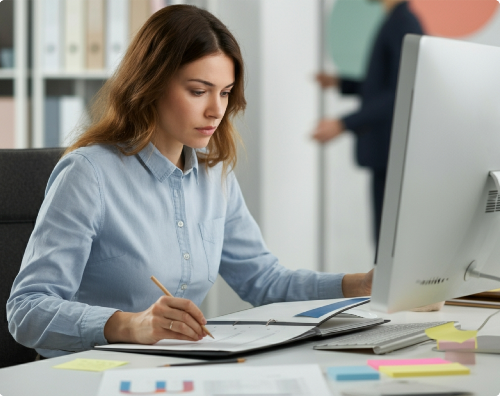 Female searching for data online and on paper
