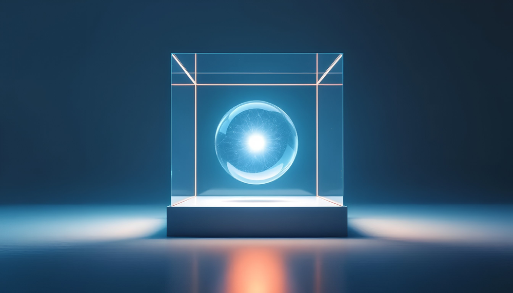 A single, levitating sphere of light inside a sealed, transparent cube.