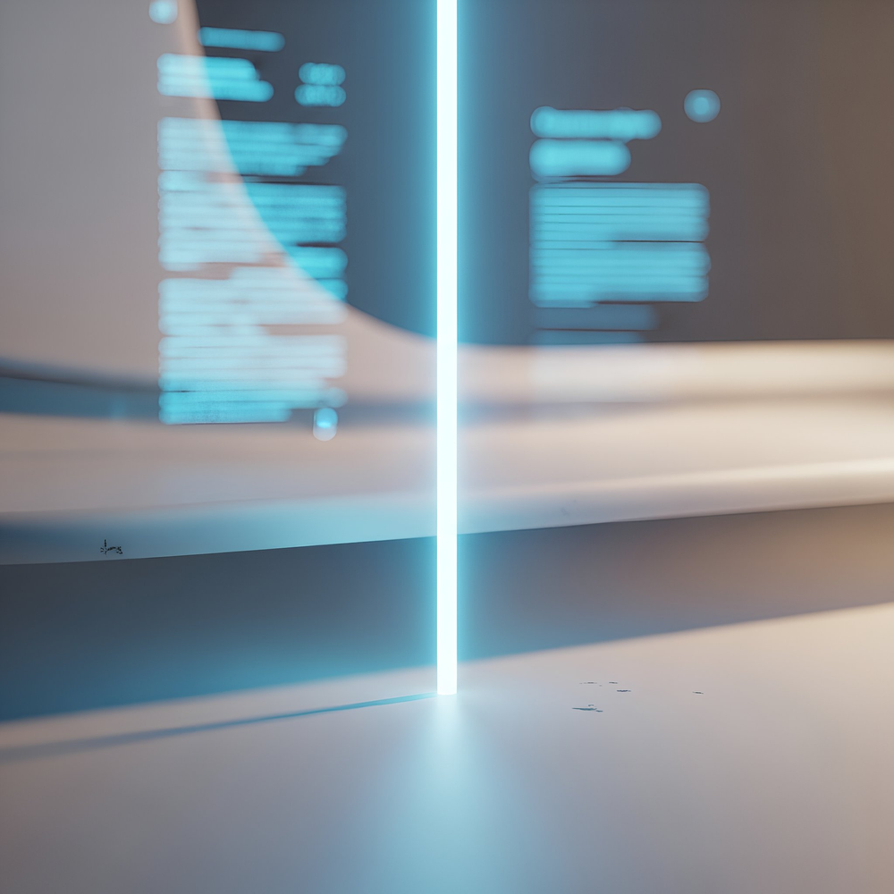 A clean, minimal background with a single vertical soft-glow beam in the center symbolizing system scanning and clarity