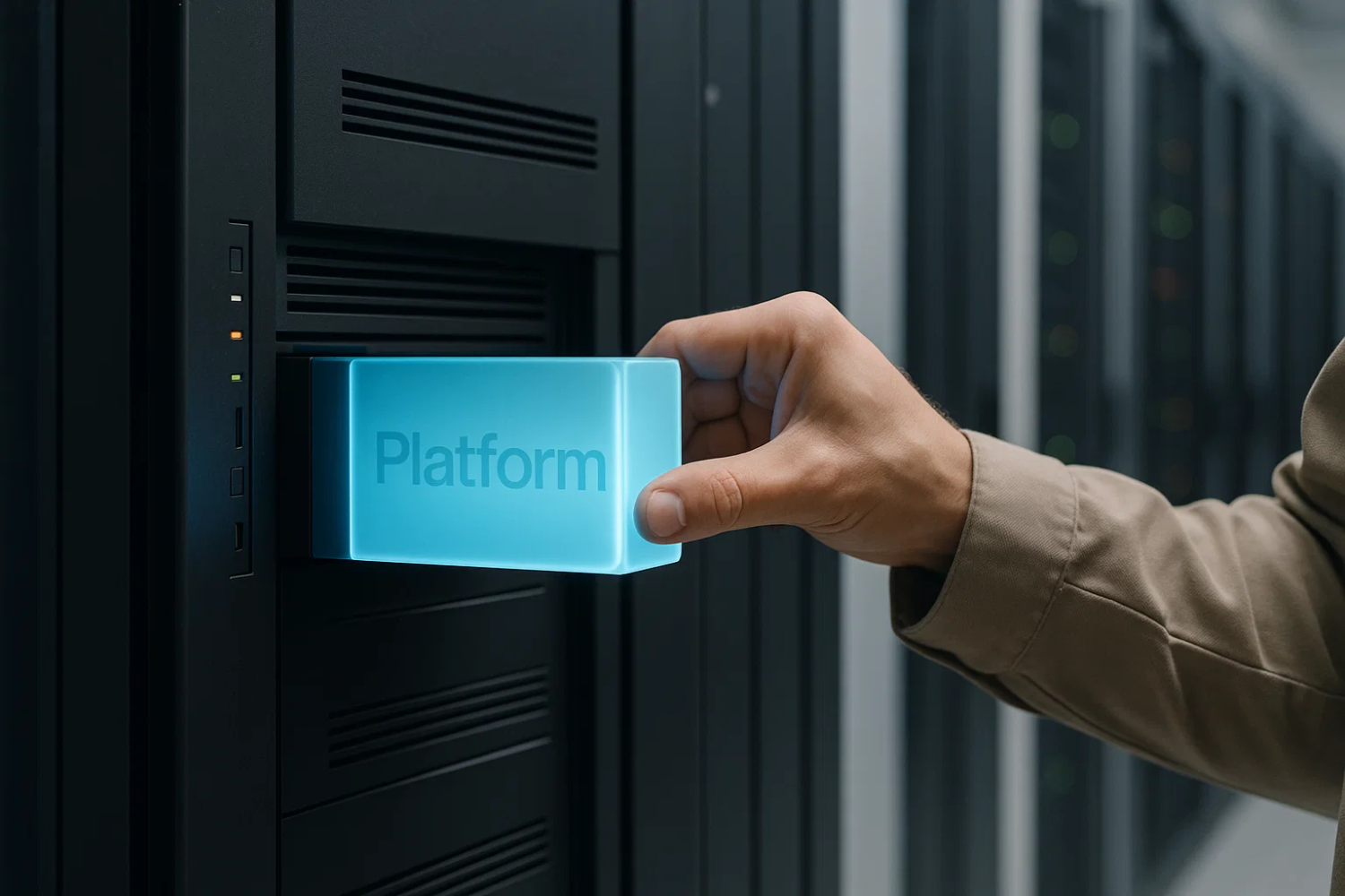 Hand pushing glowing cube into a a IBM i server