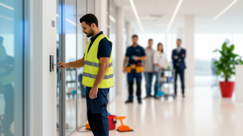 A modern corporate hallway with high ceilings, polished white floors, and floor-to-ceiling glass doors.