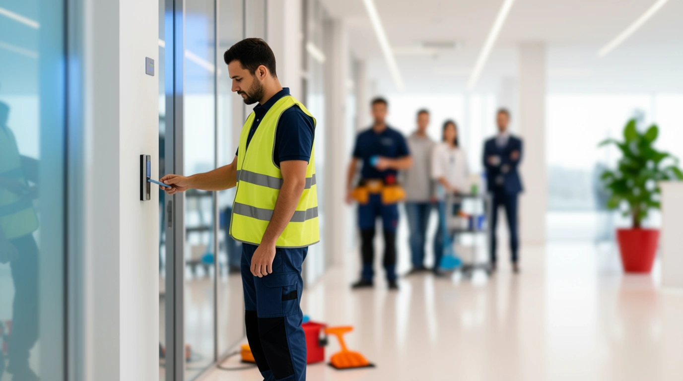 A modern corporate hallway with high ceilings, polished white floors, and floor-to-ceiling glass doors.