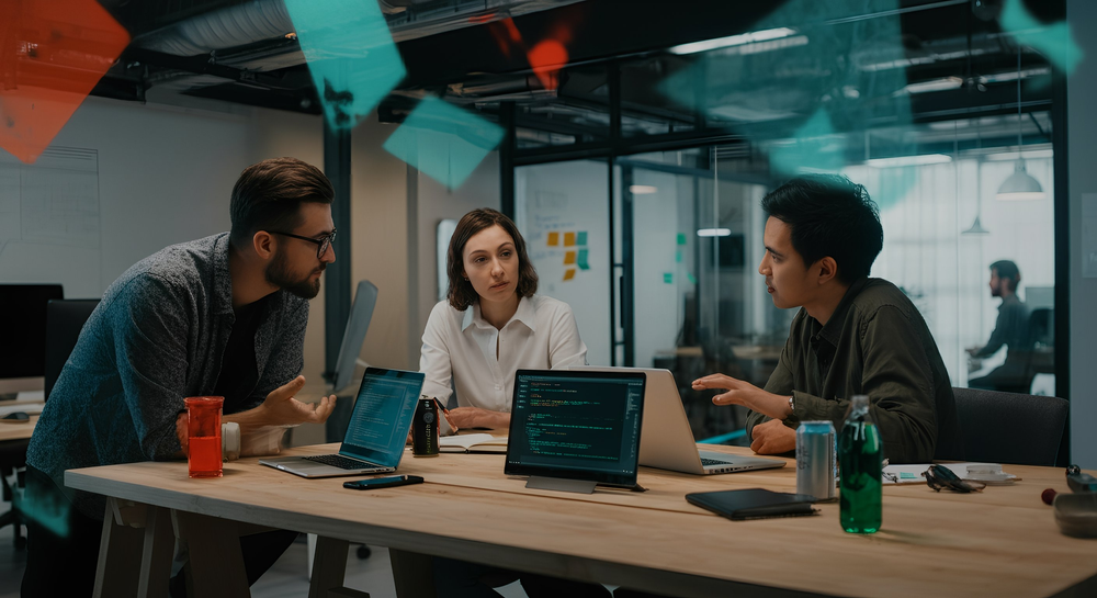A modern, open-plan tech office during daytime with natural lighting. Three professionals (diverse in gender and appearance) are seated around a large wooden desk in a collaborative conversation