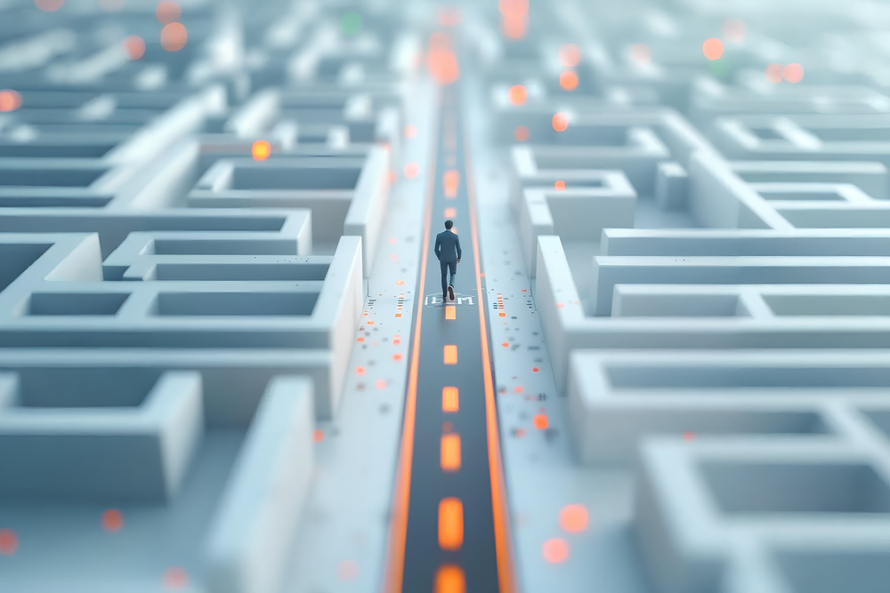 A maze transforming into a clear, open highway, symbolizing rapid decision-making enabled by a modernized IBM i interface.