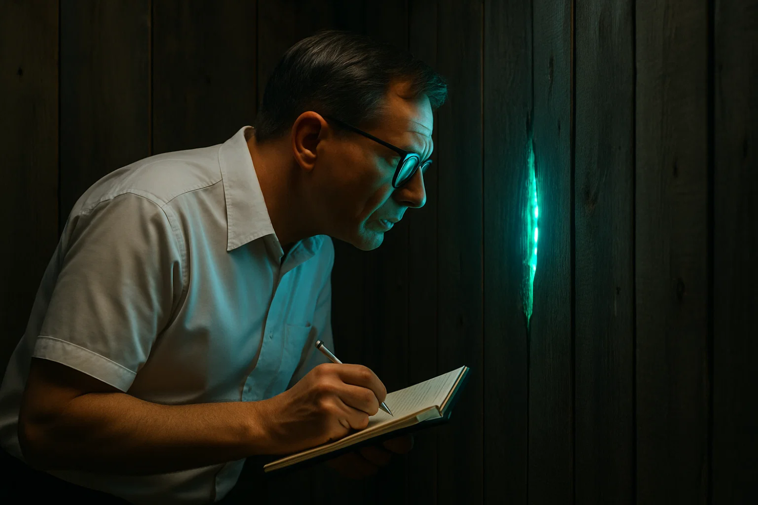 A middle-aged male developer with short, neatly combed hair, wearing a white short-sleeved button-down shirt and glasses. He is bending over slightly, peering with curiosity through a narrow hole in an old wooden plank wall.