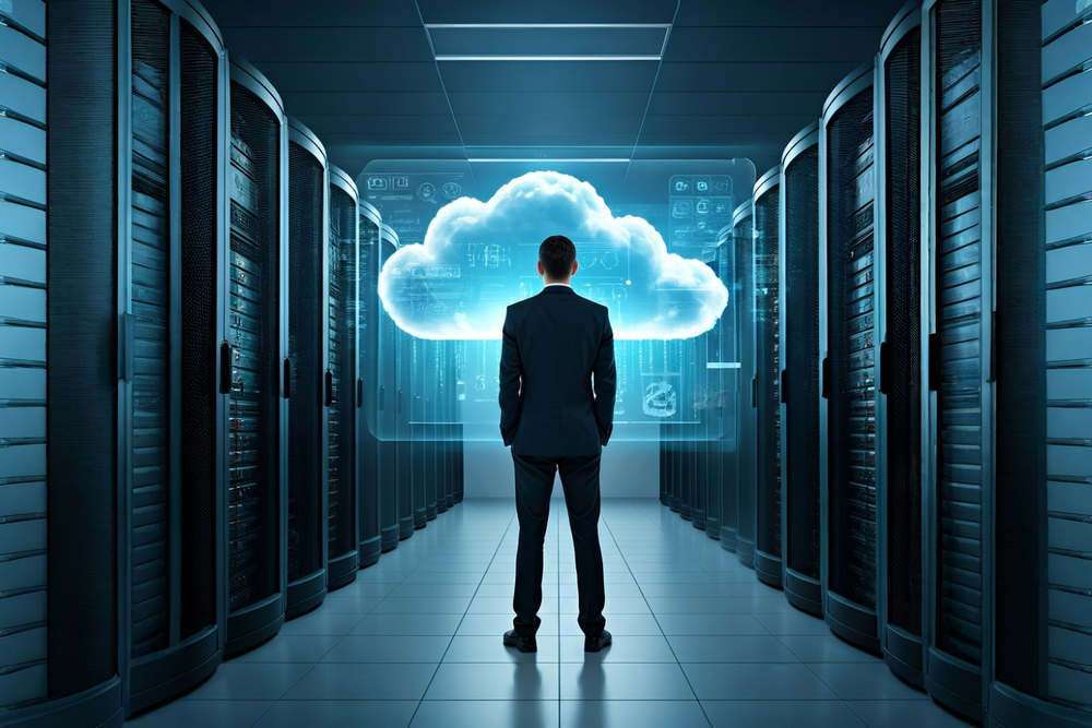 Person standing in a hallway with large old mainframe cabinets looking at a futuristic cloud