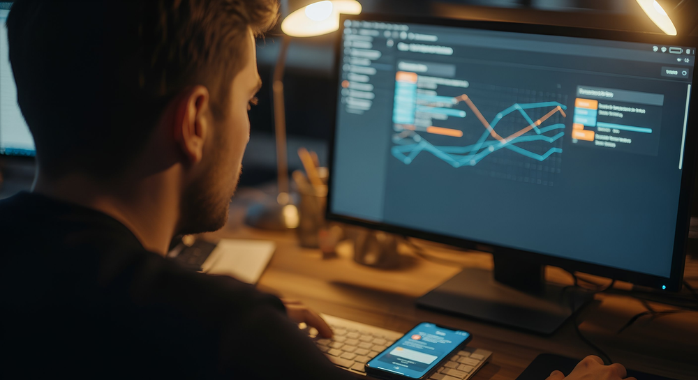 close-up, over-the-shoulder shot of a logistics admin at a desk during evening or night shift.