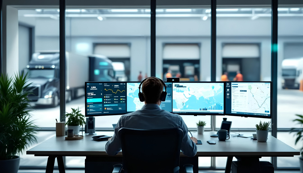 A dispatch operator sits at a wide desk facing a multi-screen setup