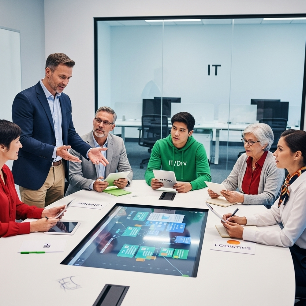 A mid-level manager in business casual attire stands confidently beside a collaborative meeting table in a corporate office