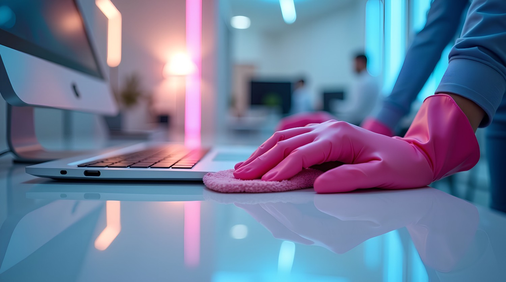 Hands with rubber gloves cleaning office desktop