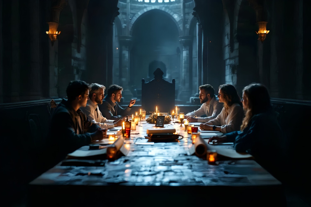 A roundtable of IT leaders gathers in a medieval castle’s banquet hall,