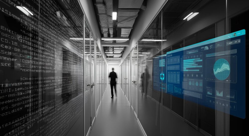 blurred figure of business man walking in hallway with glass walls on each side