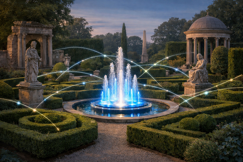 A serene, structured garden landscape symbolizing an enterprise system.