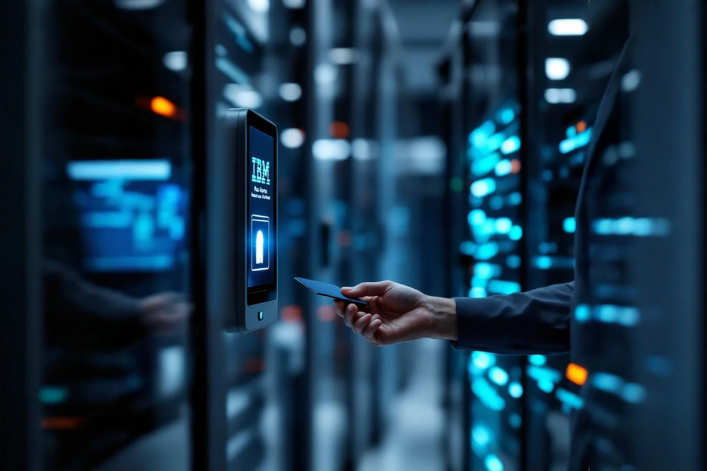 Hand reaching in through mainframe computers holding af access card