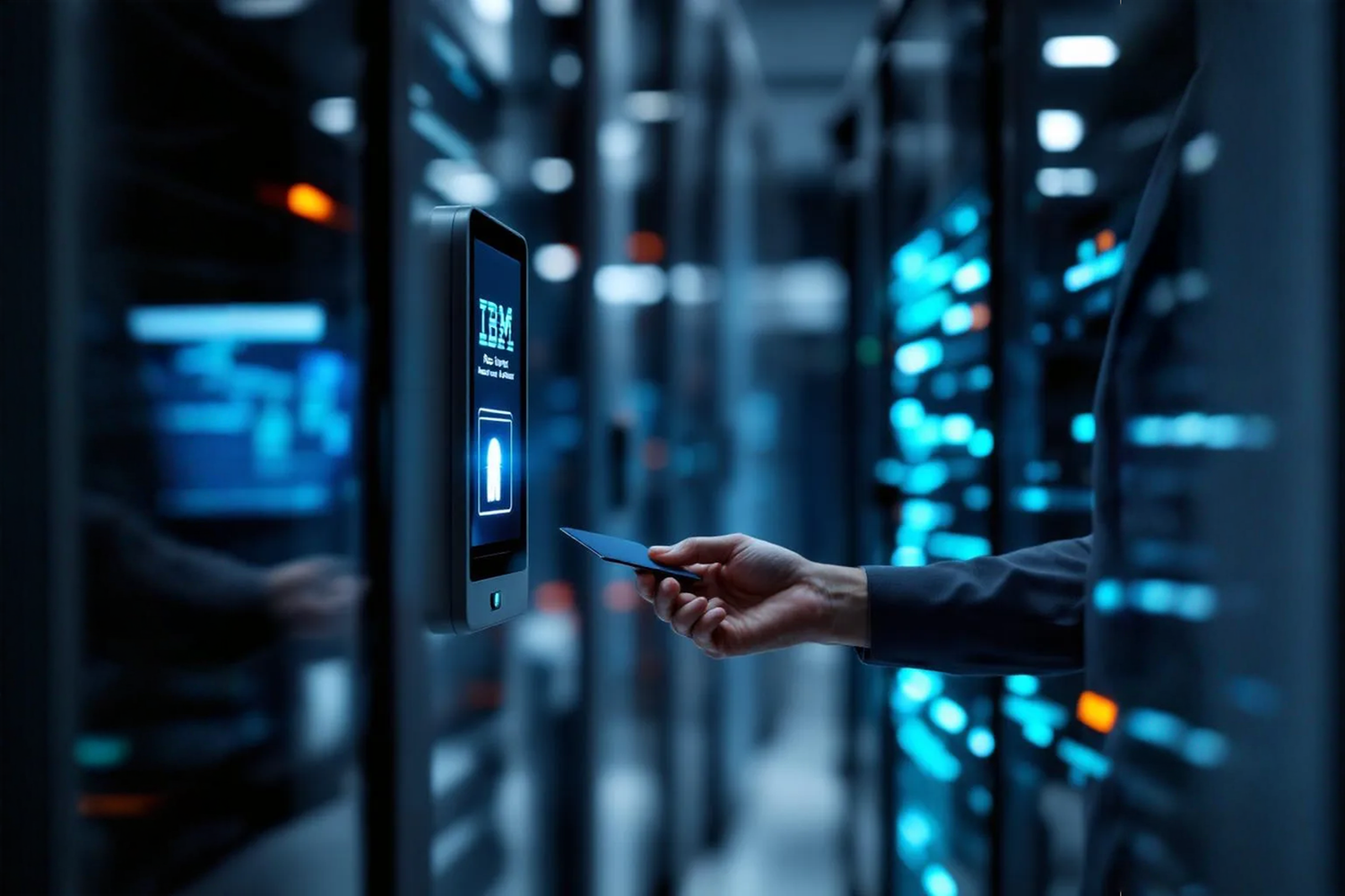 Hand reaching in through mainframe computers holding af access card