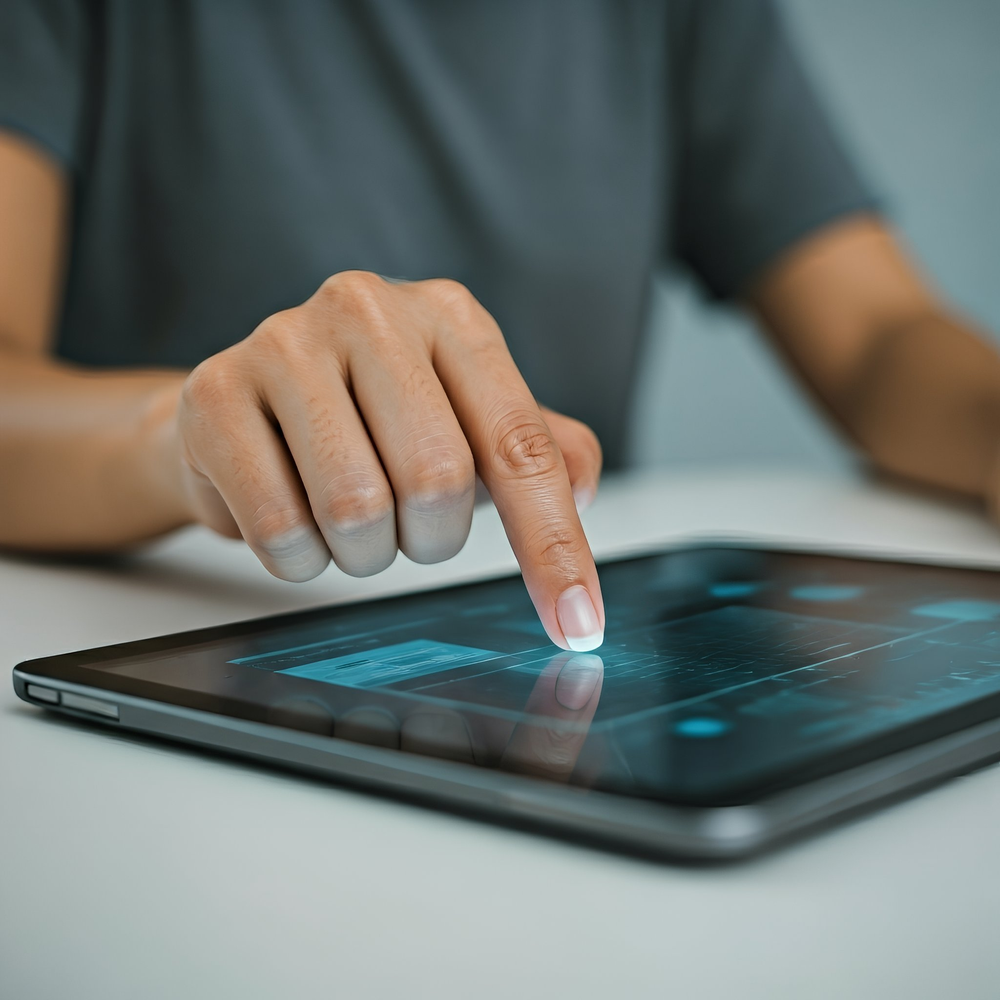 womens hand dragging element across tablet display