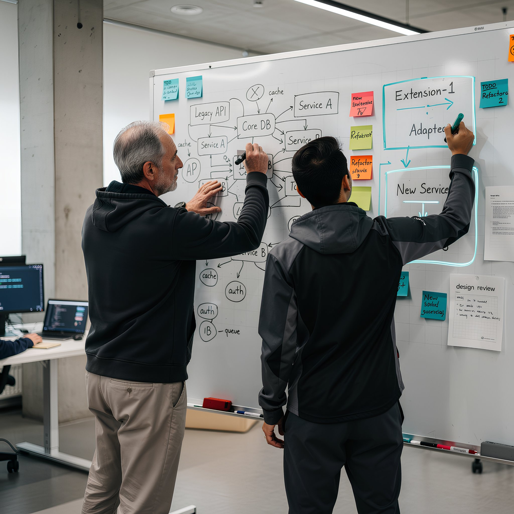 Two developers, one older and one younger, stand at a large whiteboard in a modern office, sketching system diagrams and database relationships with markers