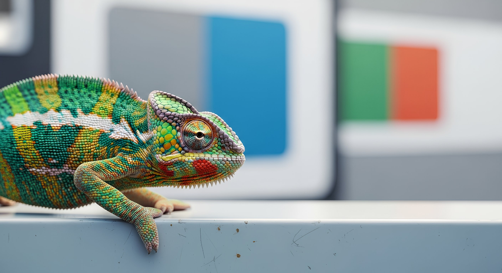 A chameleon shifting colors to match its environment, representing adaptable, branded, and multilingual IBM i interfaces.
