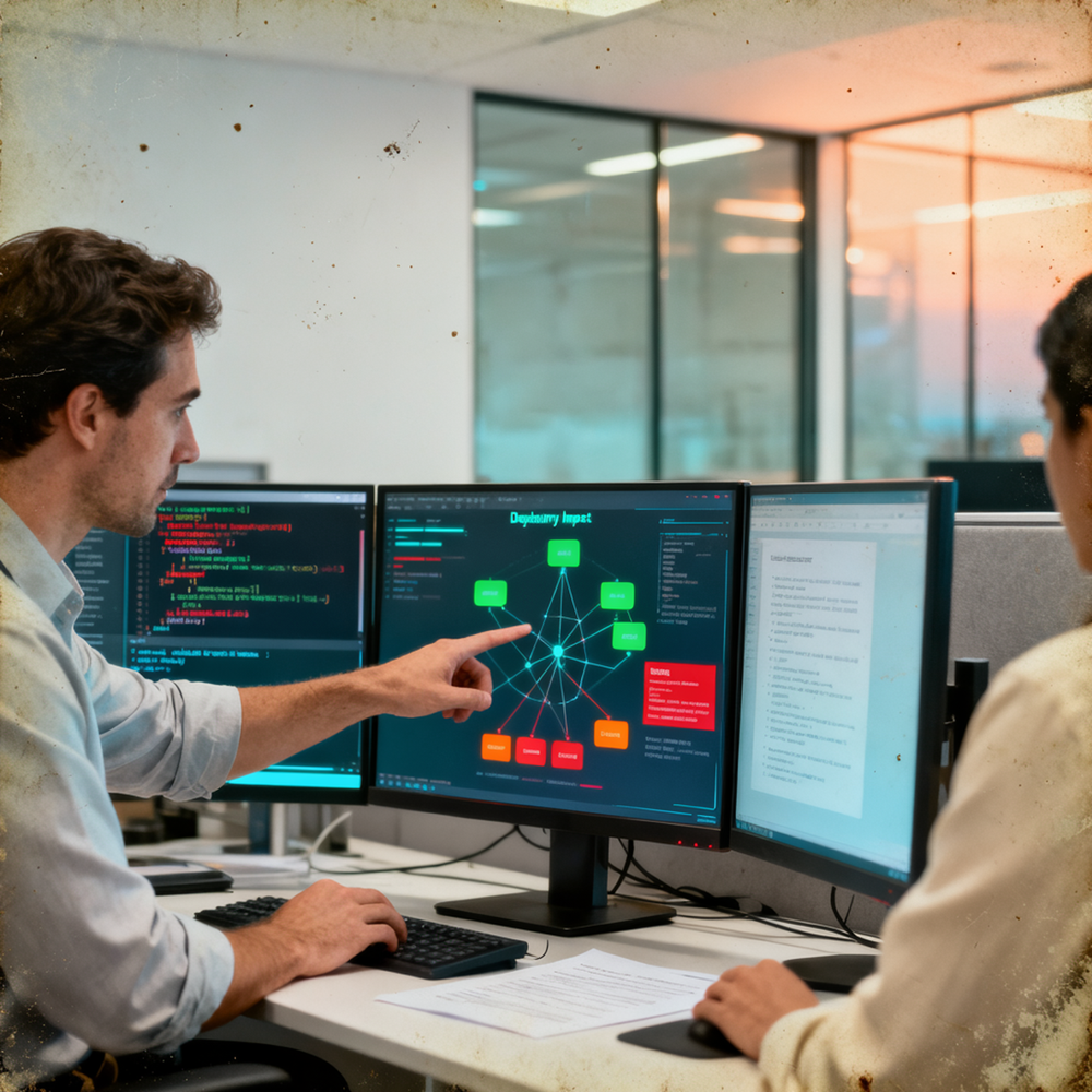 A financial IT analyst in a modern corporate office reviewing a monitor displaying a dependency impact map