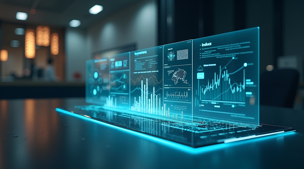 A futuristic data visualization interface adapting itself to three distinct industries: finance, manufacturing, and logistics.