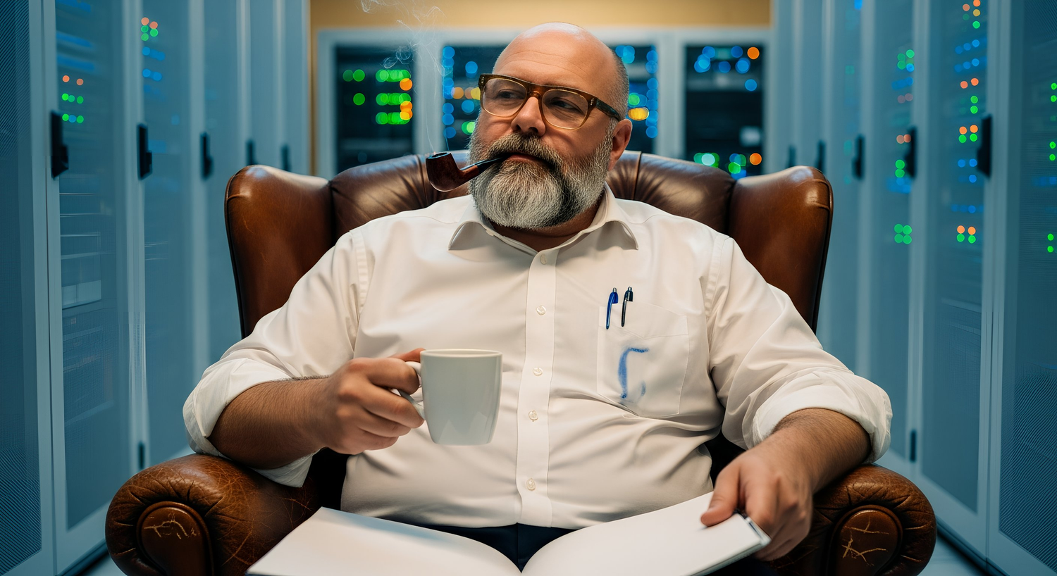 A heavyset, balding man in his 40s, with a full grey beard and thick, heavy-rimmed glasses.
