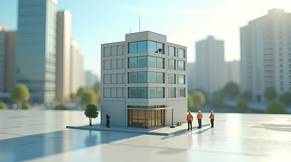 A miniature cityscape with one building mid-upgrade