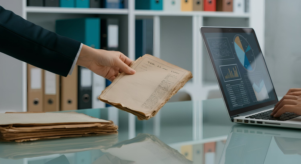 A close-up shot of a professional office environment showing a person’s hand placing an old paper document on a sleek glass desk