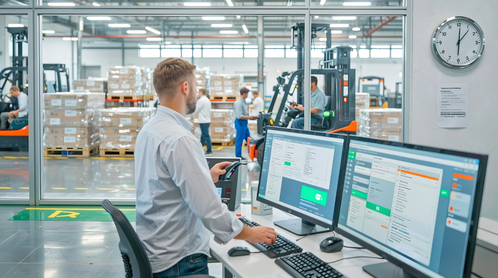 A production floor office with a large glass window overlooking active manufacturing lines