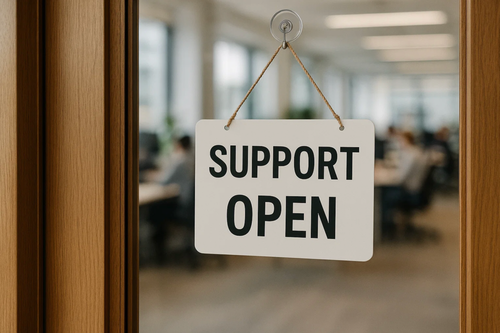 Shop door in glass with woodframe. Printed Support Open.Though the glas you can see a blurred view of a busy office