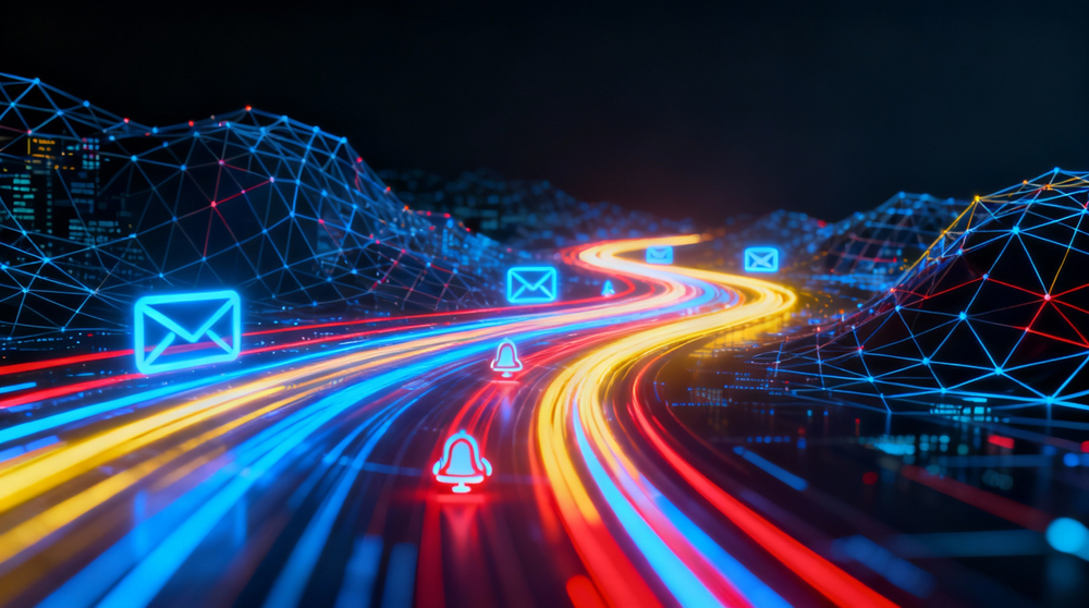 A conceptual visualization of a multi-layered digital highway suspended in a dark space.