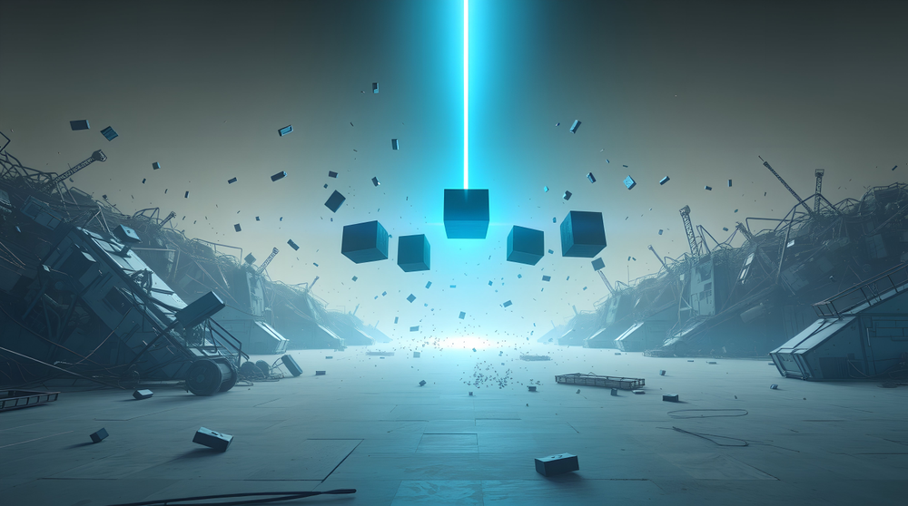 Cubes falling from the sky in a futuristic landscape