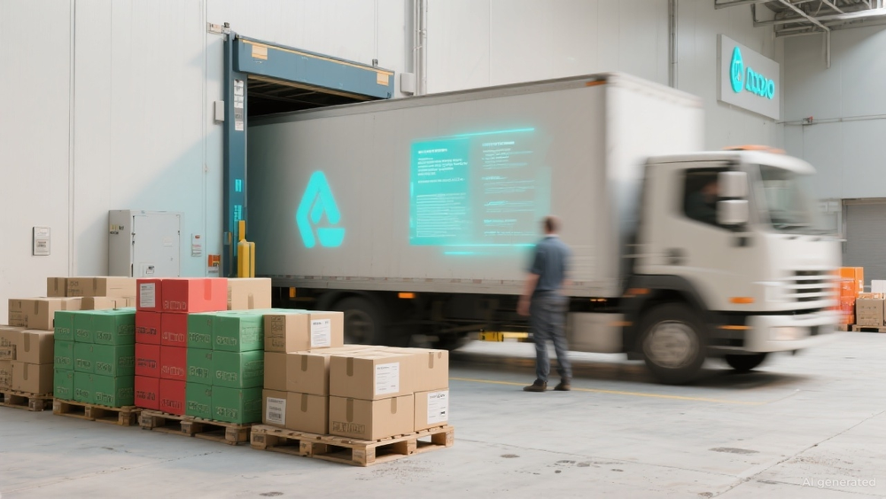 Warehouse loading bay scene with stacked pallets of boxed goods in sharp focus, a large delivery truck and its driver captured in motion blur