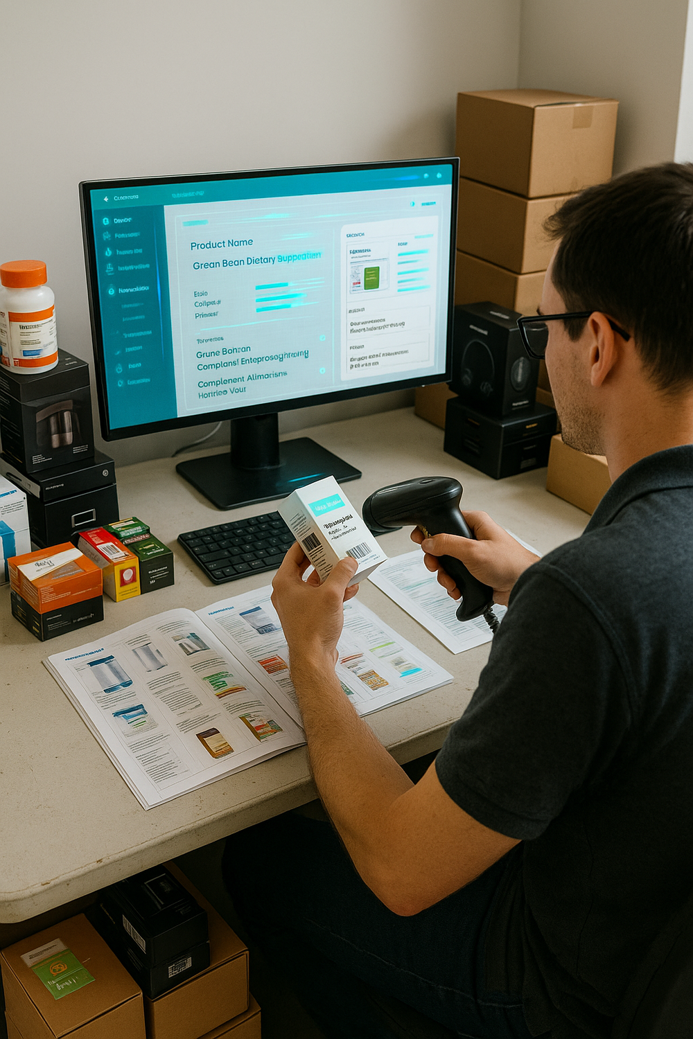 person scanning products to erp webshop pim