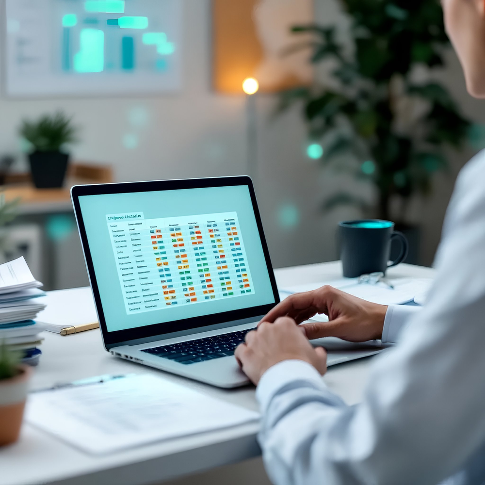 person in ironed shirt sitting on desktop working on a labtop