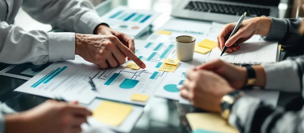 hands pointing at diagrams on printed paper on desktop