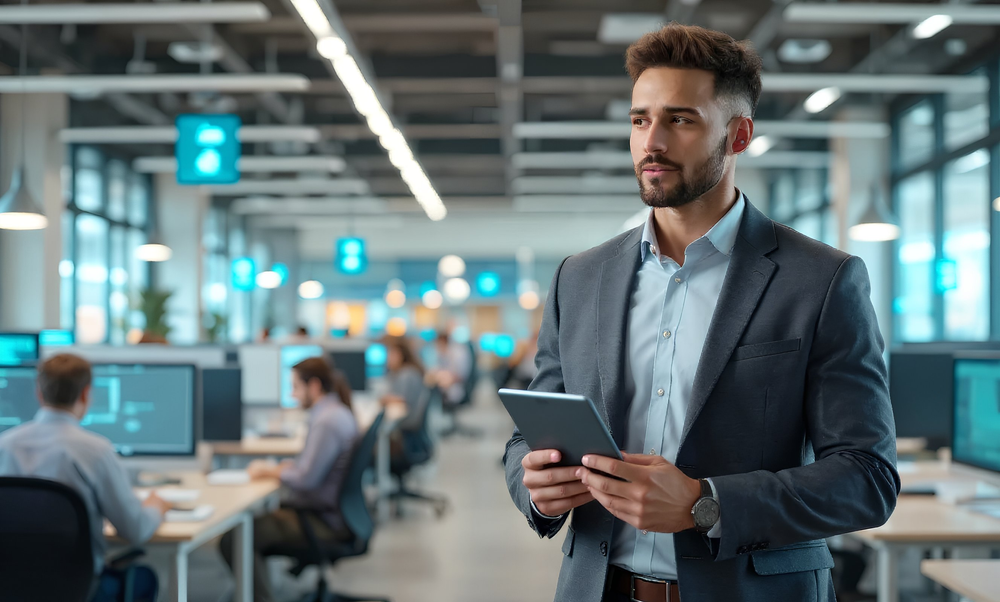 Confident support representative walks briskly along a central aisle, mid-conversation
