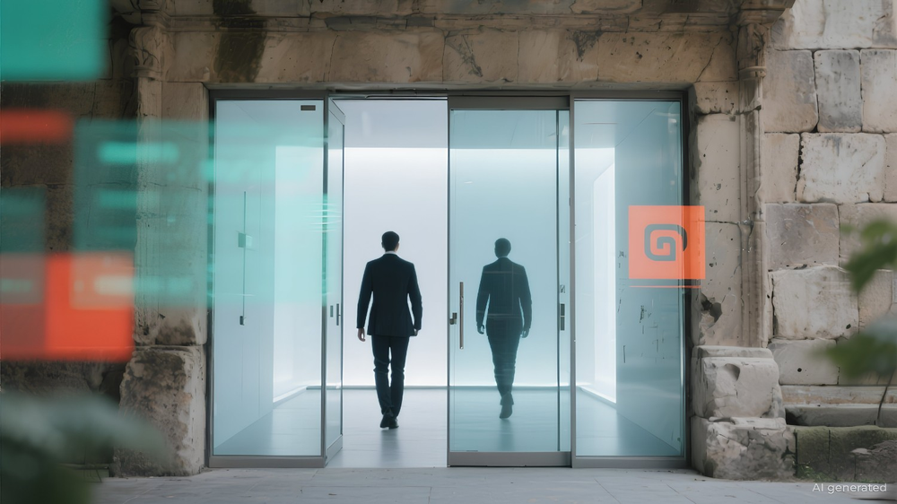 Modern glass sliding doors seamlessly embedded within an ancient stone doorway,