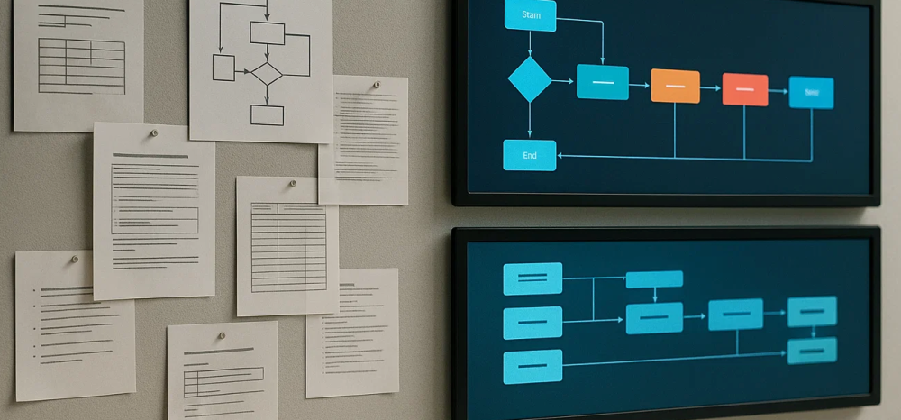 wall showing pinned papersheets with diagrams and display showing modern flexible process diagram