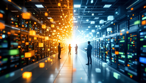 A split-scene composition showing the contrast between modern cloud-native microservices (containers, Kubernetes nodes,