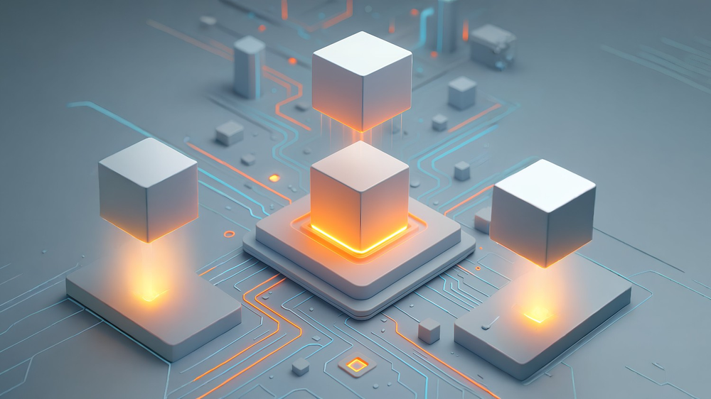 square modules falling in place in a pc motherboard environment