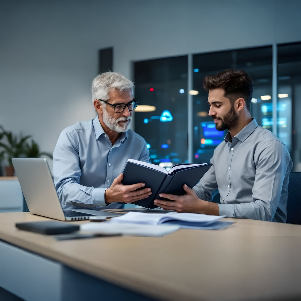 An office meeting room where a senior IT manager with gray hair and glasses is handing over a thick binder labeled “ERP System Documentation” to a younger IT specialist.